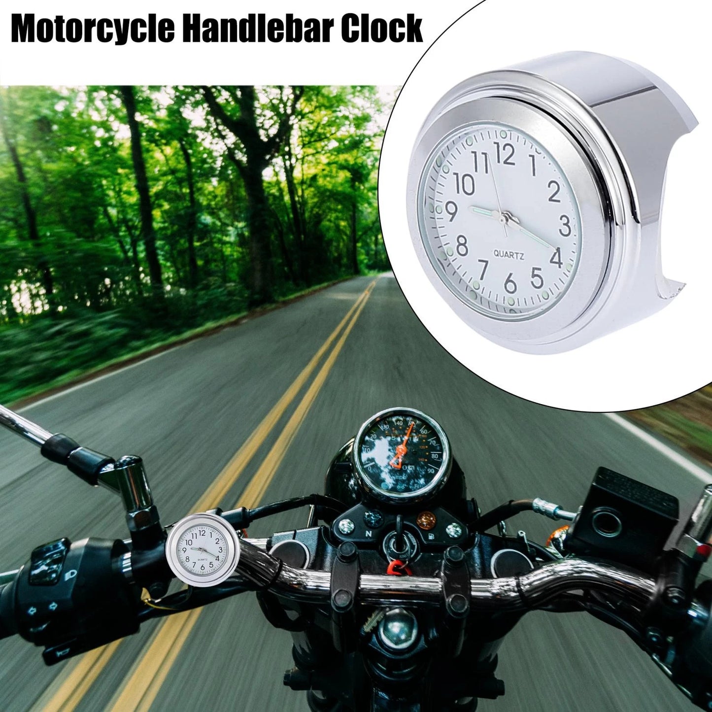 Clock Set / 22-25mm 7/8" to 1" / Motorcycle Handlebar Silver Tone White Panel