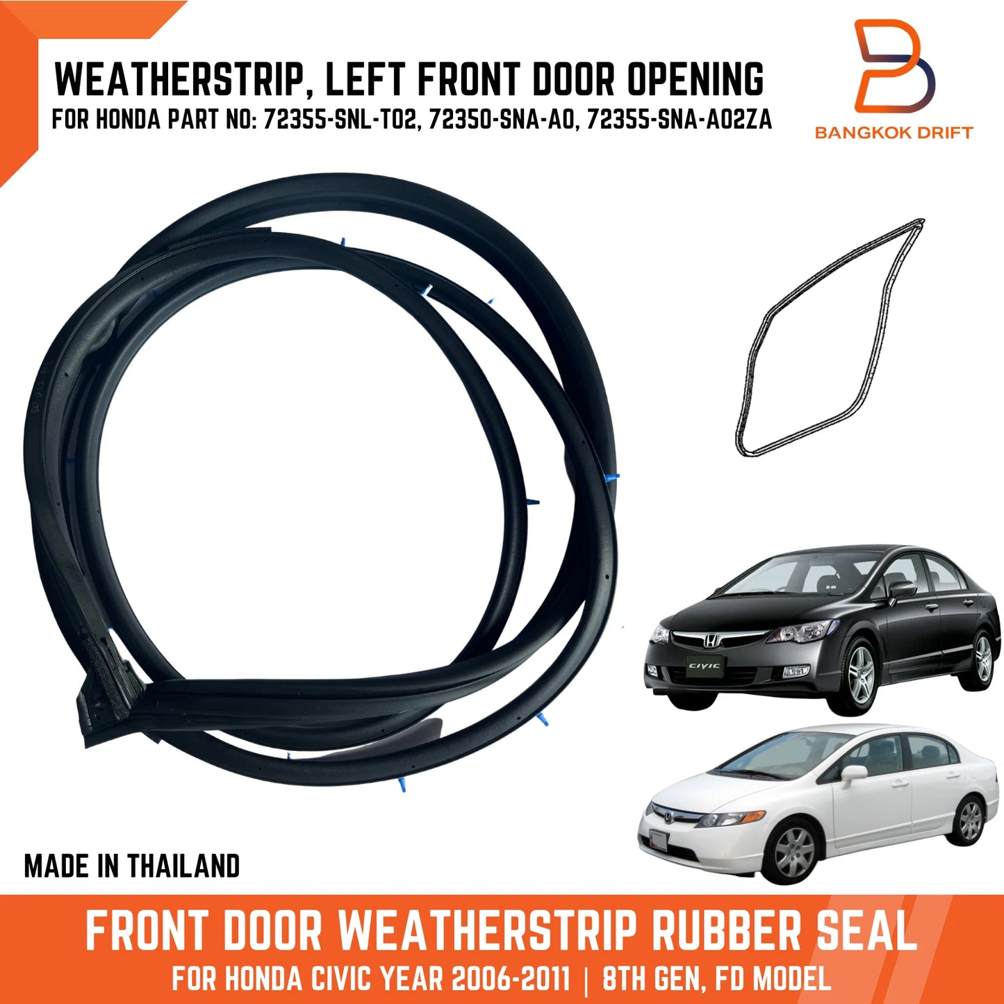 Front Door Weatherstrip Rubber Seal for Honda Civic FD (2006-2011)