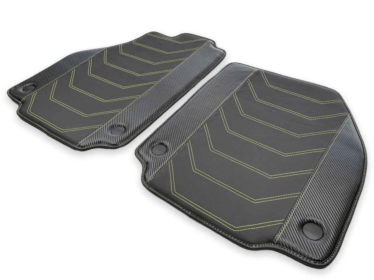 Black Leather Car Mats for Ferrari 458 Spider | AutoWin | Yellow Stitching