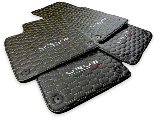 Leather Floor Mats for Lamborghini URUS 2018-2024 Black with Yellow Stitching
