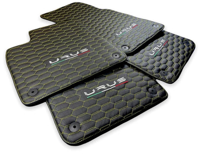 Leather Floor Mats for Lamborghini URUS 2018-2024 Black with Yellow Stitching