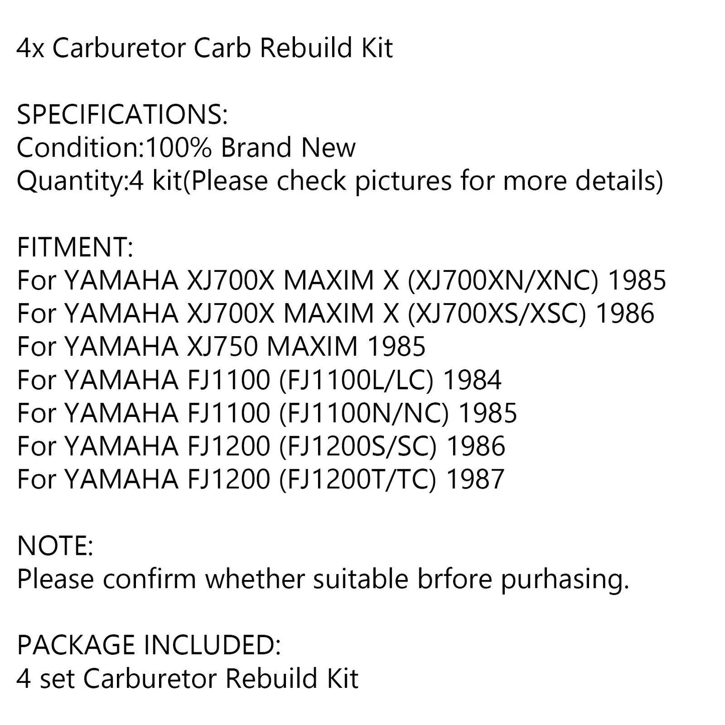 4 Sets Carburetor Repair Kit for Yamaha XJ700, XJ750, FJ1100 (1985-1990)
