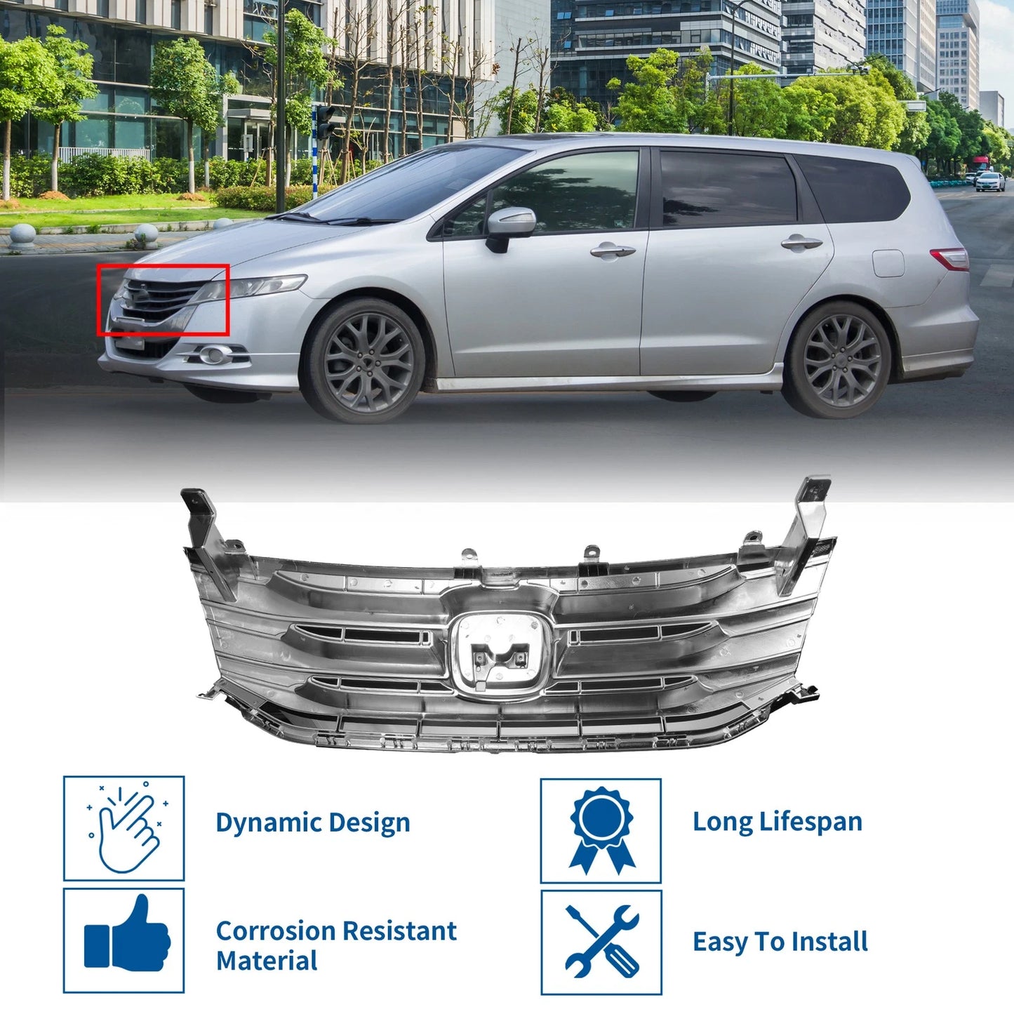 Front Upper Bumper Grille for Honda Odyssey (2011-2012) Chrome Silver Tone