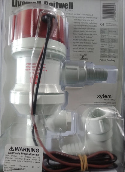 Livewell Baitwell Pump 800 GPH for Rule, Dual Port, 3/4" Compatibility