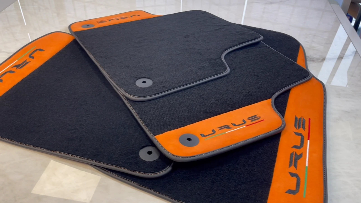 Black Floor Mats for Lamborghini Urus with Orange Alcantara Leather (2018-2024)