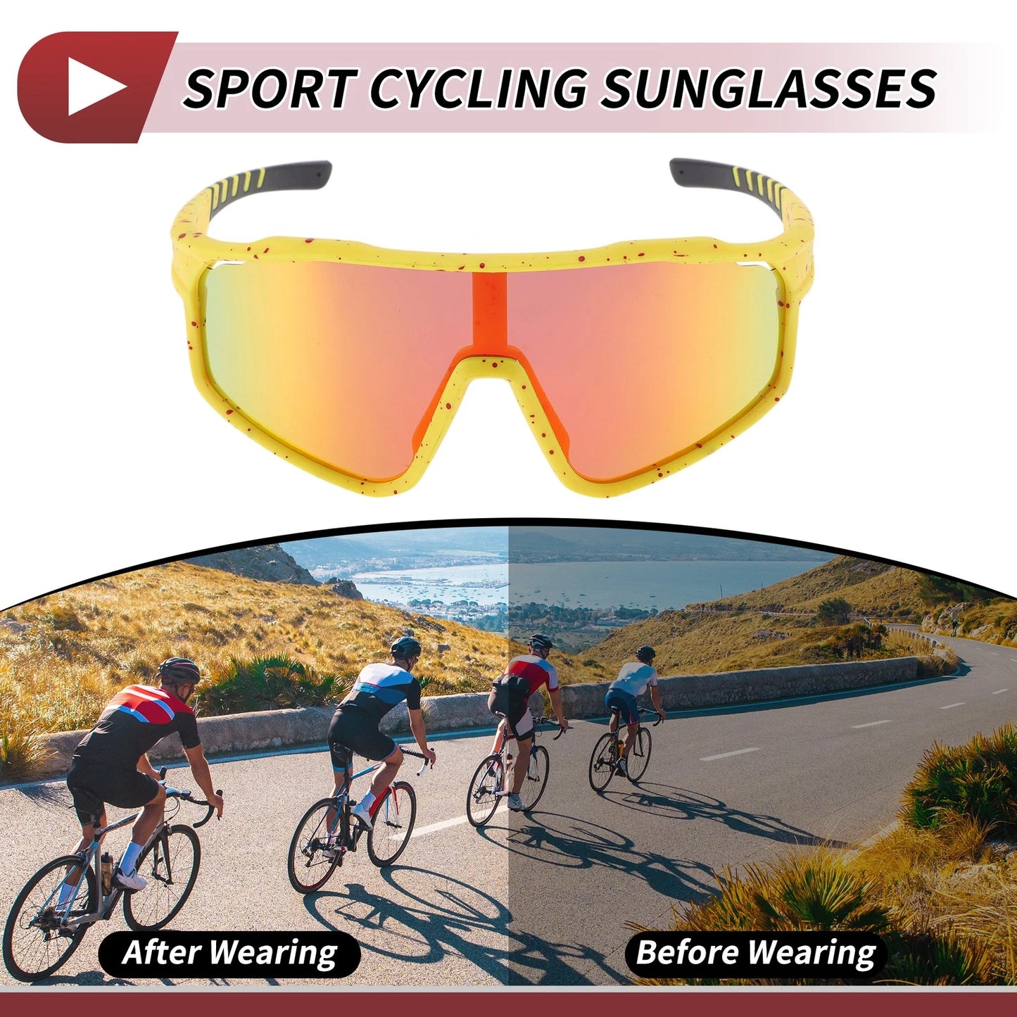 Motorcycle Riding Goggles Red Lens Yellow Frame UV400 Tri-Acetyl Cellulos