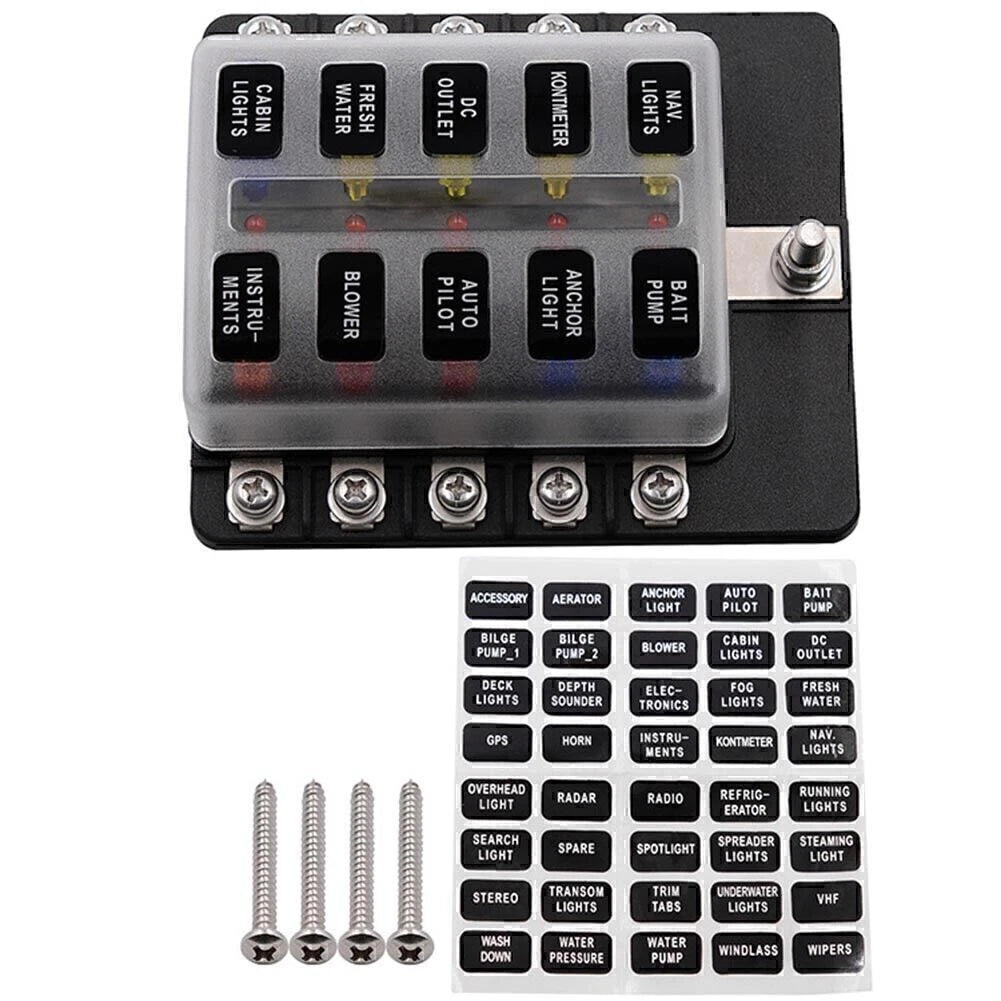 10-Way Blade Fuse Holder Box with LED Indicator for Marine 12V (N/A)