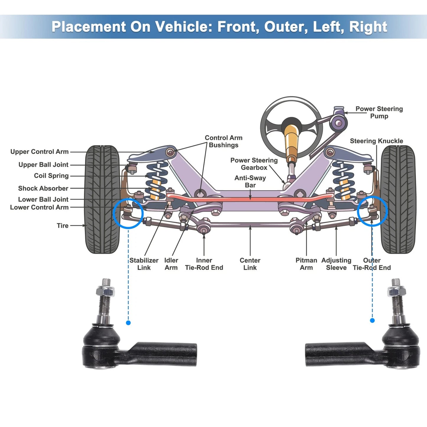 2 x Front Outer Tie Rod End Links for Ford Mustang (2005-2014)