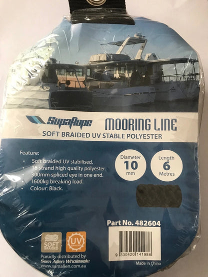 Boat Mooring Line 6m x 10mm 16 Strand Soft Braid UV Stabilised Polyester