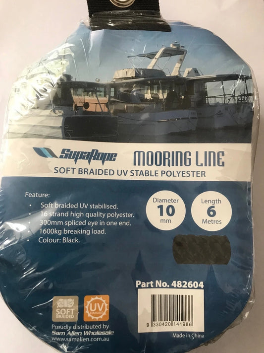 Boat Mooring Line 6m x 10mm 16 Strand Soft Braid UV Stabilised Polyester