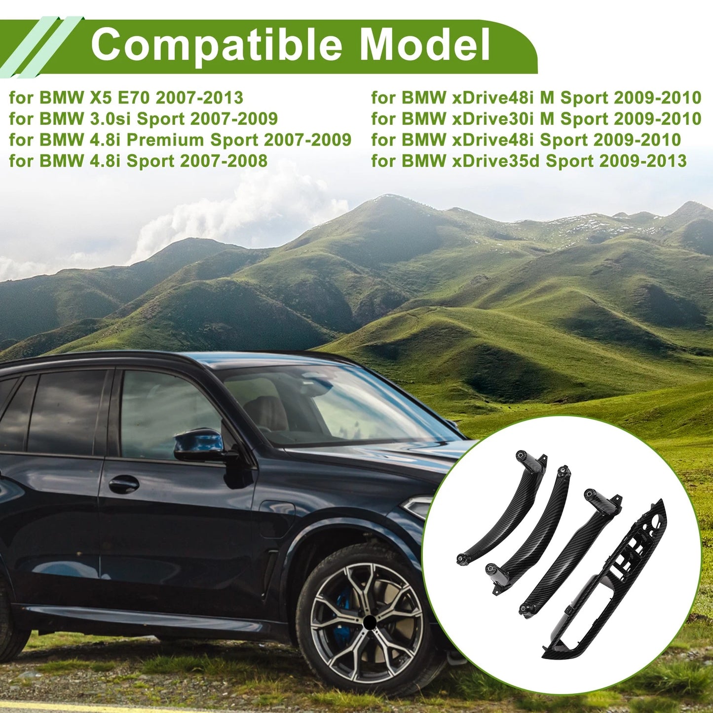 Door Panel Handle Pull Trim Cover for BMW X5 E70 2007-2013 Carbon Fiber Black
