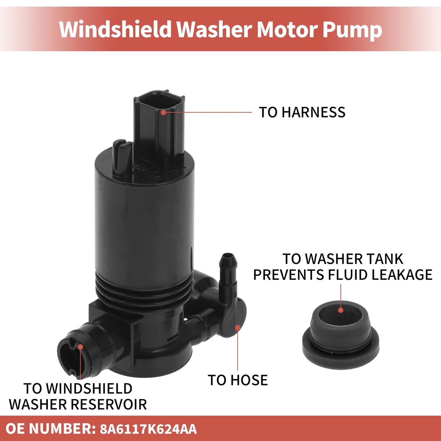 Windshield Washer Pump w/ Grommet for Ford
