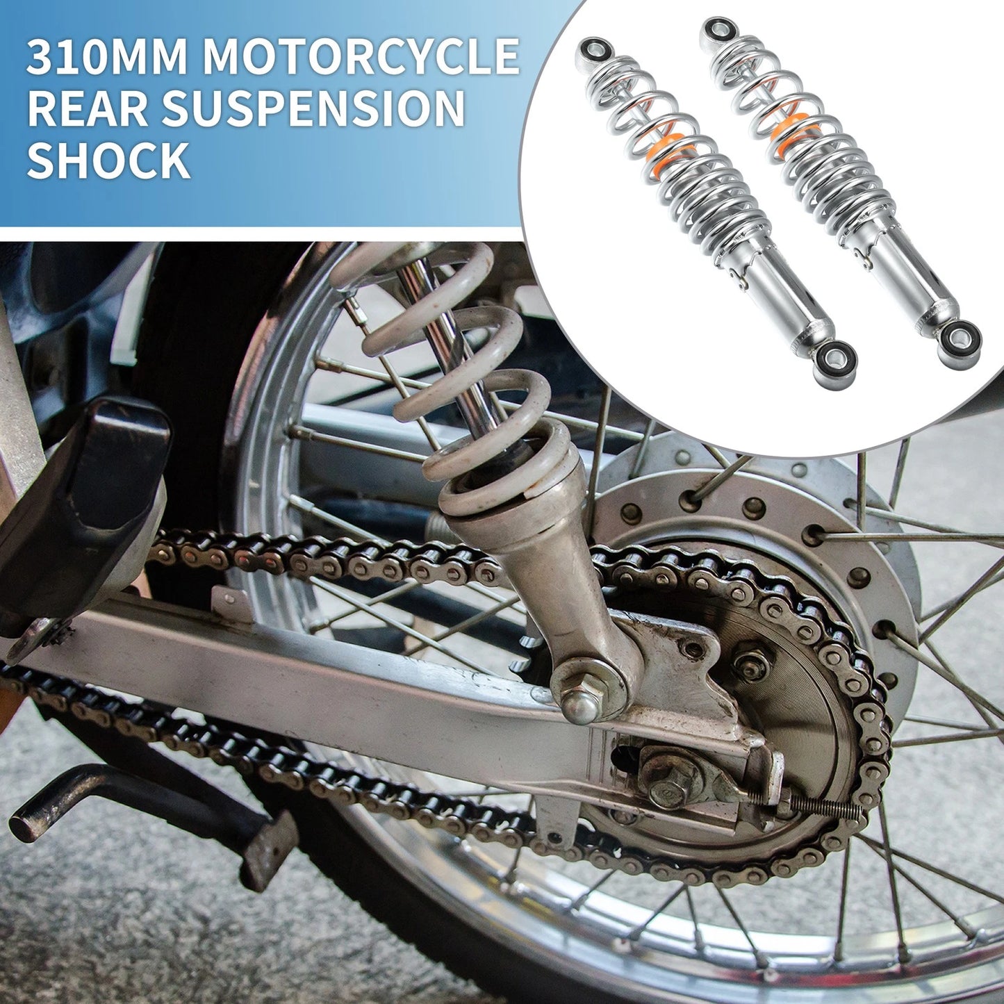 1 Pair 310mm Motorcycle Rear Suspension Shock Chrome Silver Tone for 50cc 70cc