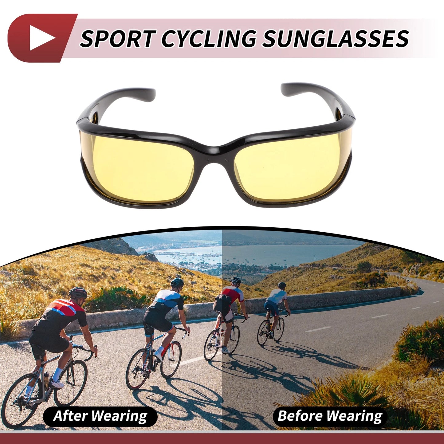 1 x Motorcycle Riding Goggles, Yellow Lens, Black Frame Cycling Sunglasses