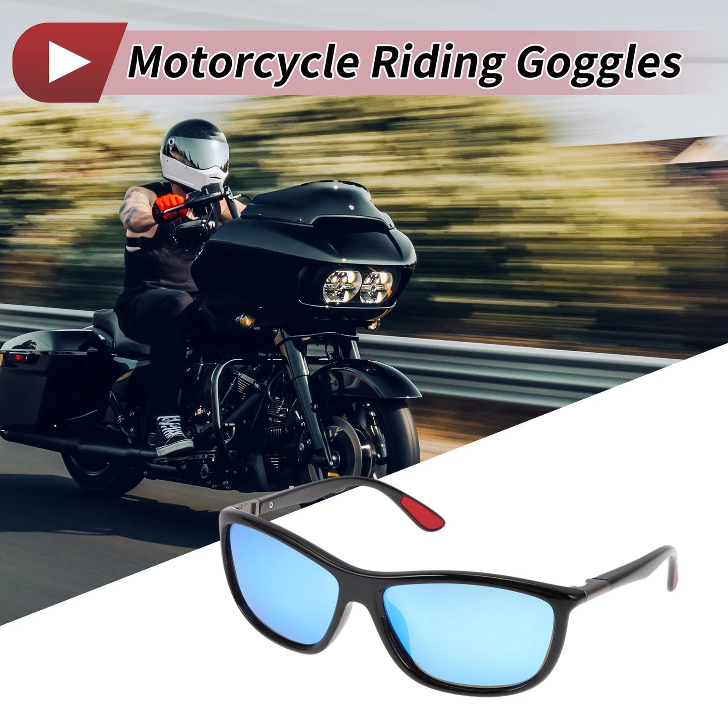 1 x Motorcycle Riding Goggles Blue Lens Black Frame