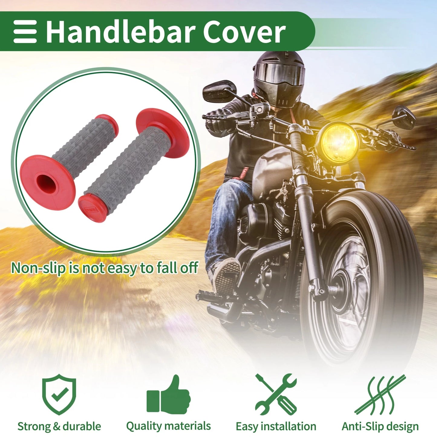 7/8" Hand Grips Cover Rubber Red Large Grain Texture for Motorcycle