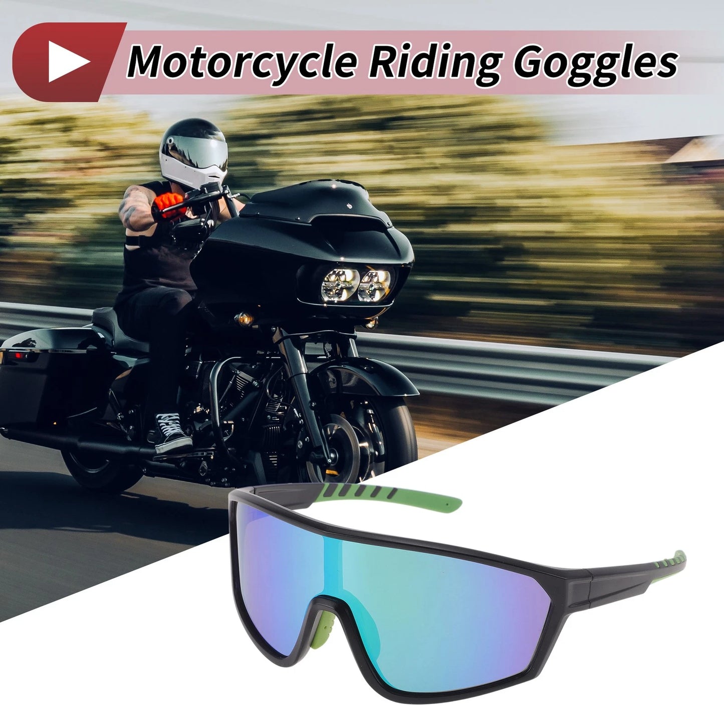 Motorcycle Riding Goggles Green Lens Black Green Frame Tri-Acetyl Cellulos