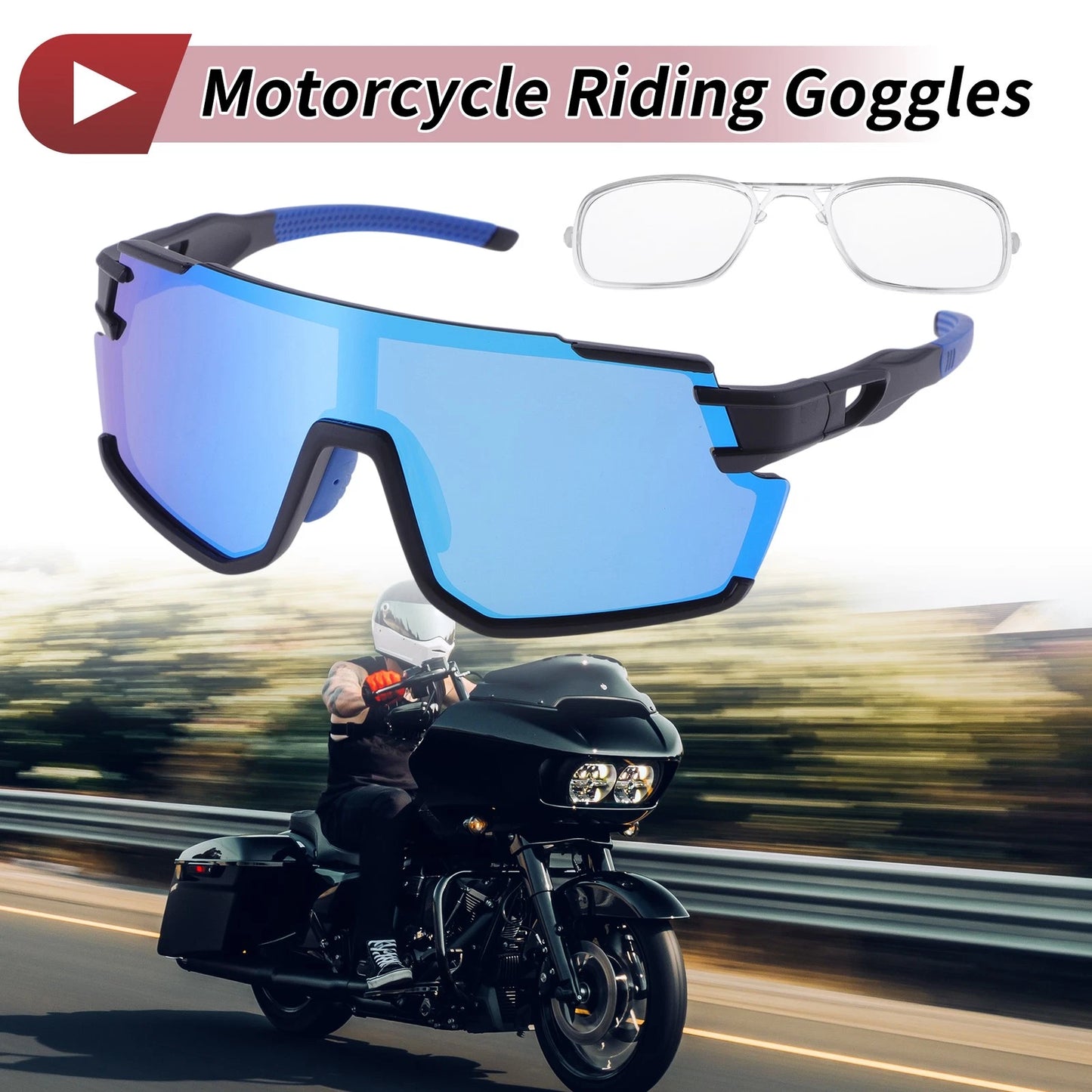 Blue Lens Motorcycle Riding Goggles Black Frame Outdoor Sports Sunglasses