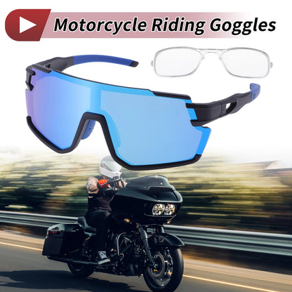 Blue Lens Motorcycle Riding Goggles Black Frame Outdoor Sports Sunglasses