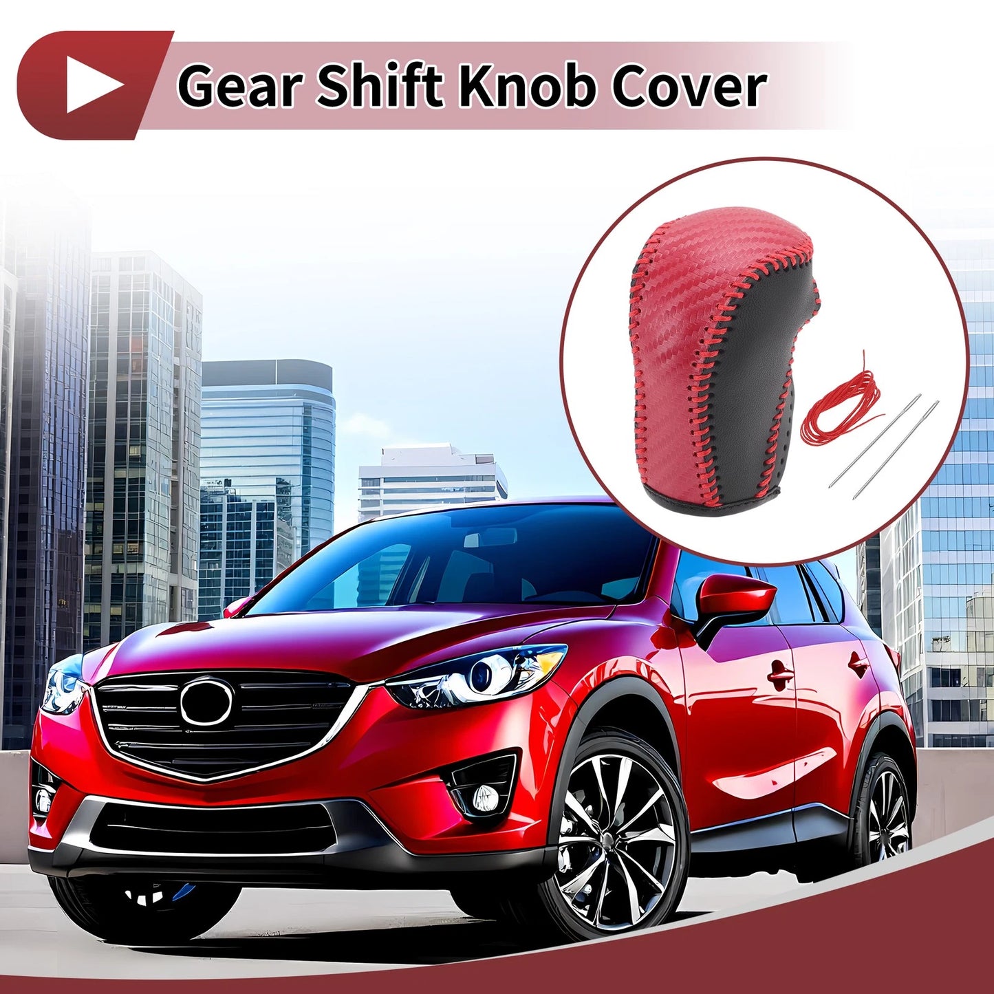 Car Gear Shift Knob Cover for Mazda CX-5 (2013-2014) Black Red Faux Leather