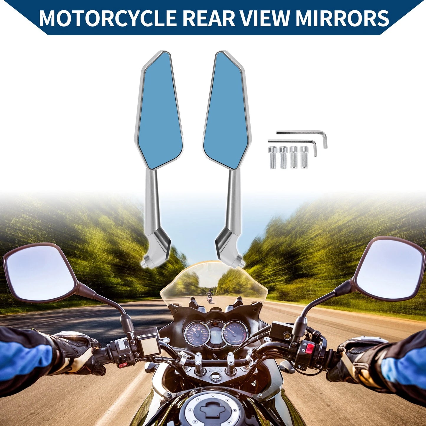 M8/M10 Rear View Mirrors, Silver Tone, 1 Set for Motorcycle