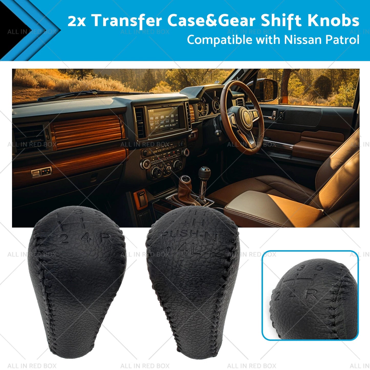 Black Leather Transfer Case & Gear Shift Knobs for Nissan Patrol (1997-2016)