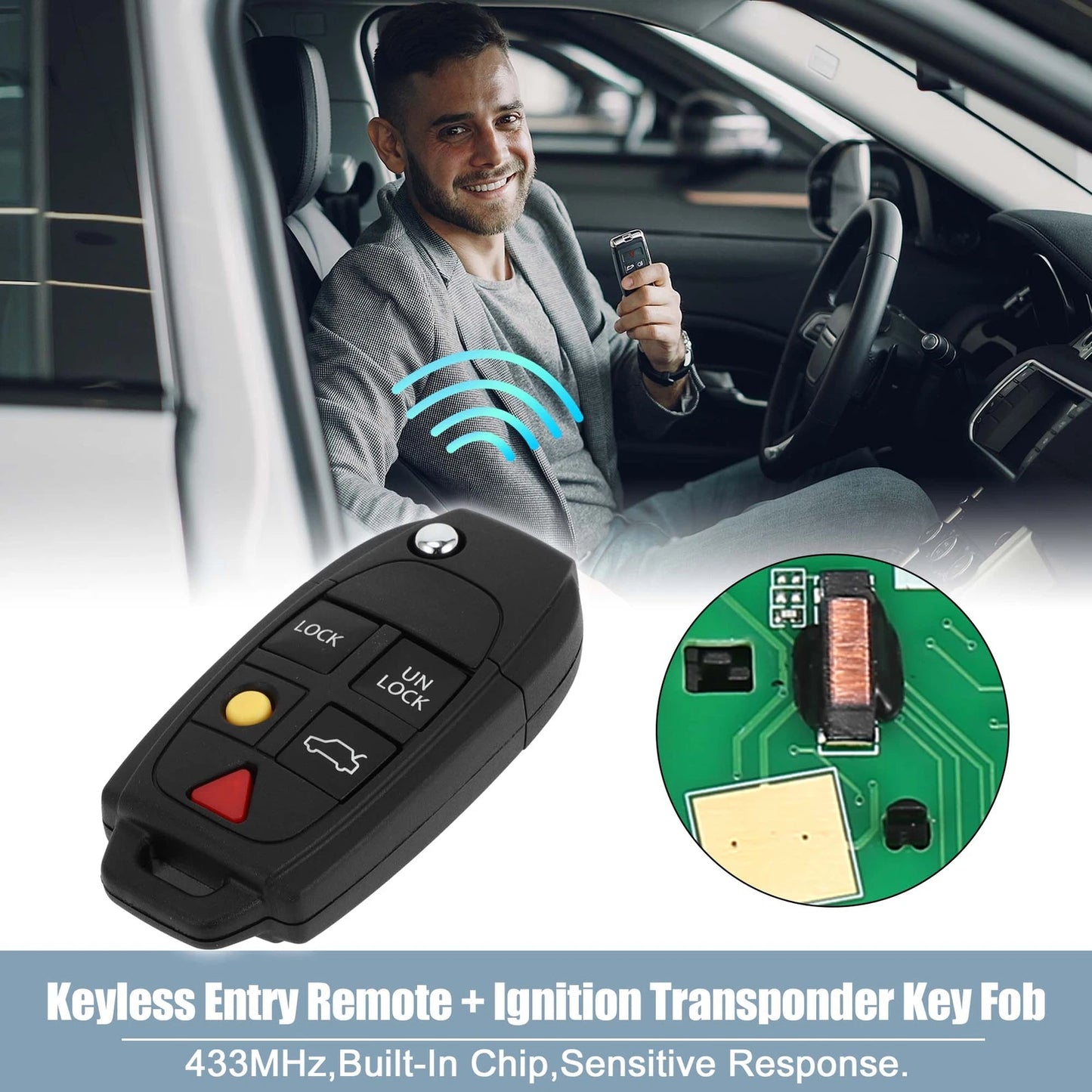 433MHz Keyless Entry Remote Ignition Transponder Key Fob for Volvo XC90, XC70