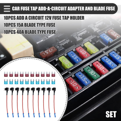 Circuit 12V Mini Fuse Tap w/ 10 x 15A 40A ATM APM Blade Fuses for Car