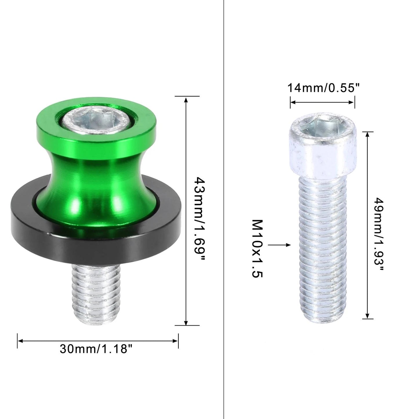 2 x 10mm M10x1.5 Green Swingarm Spools Sliders Stand for Kawasaki