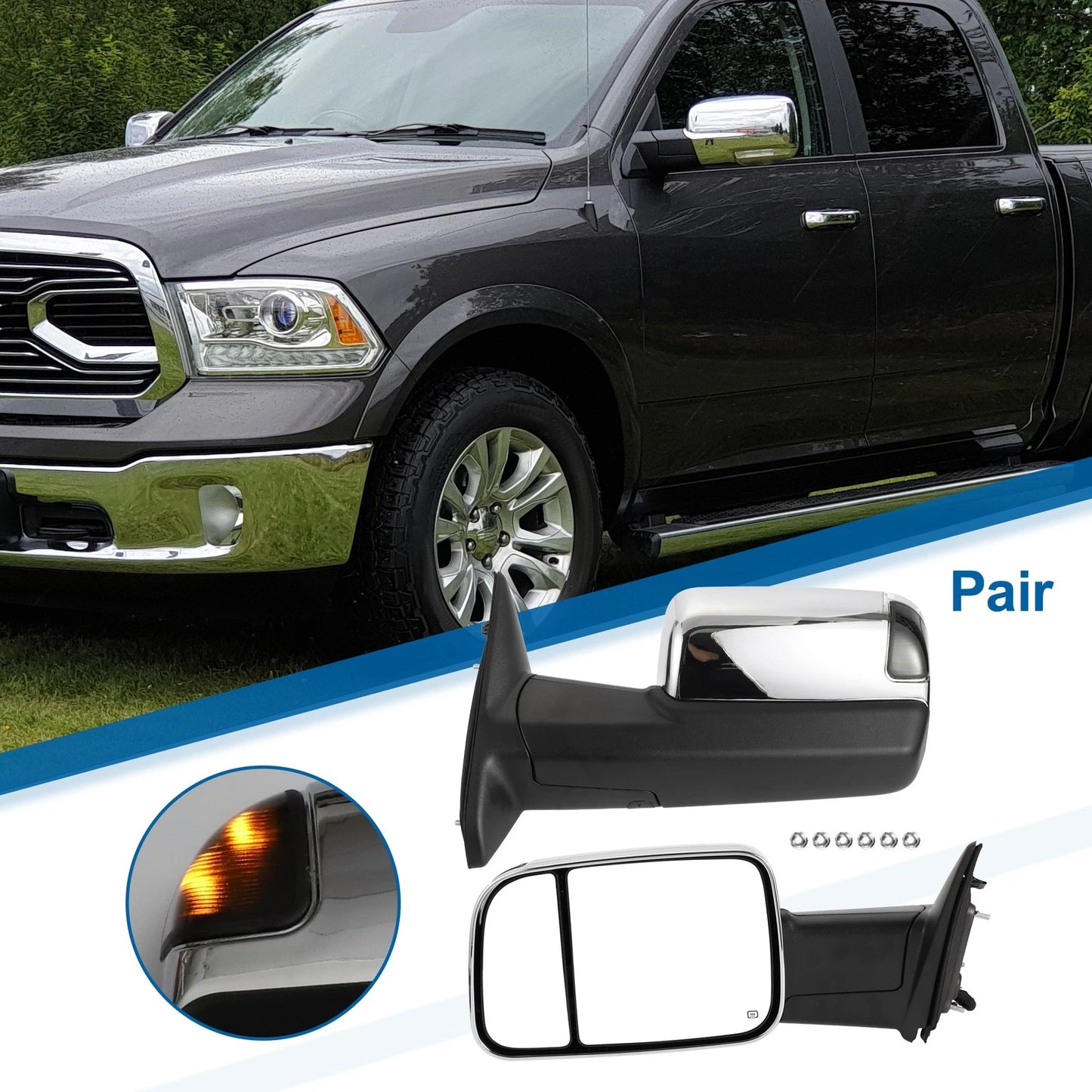 Tow Mirrors for Dodge Ram 1500 with Turn Signal Light Silver Tone