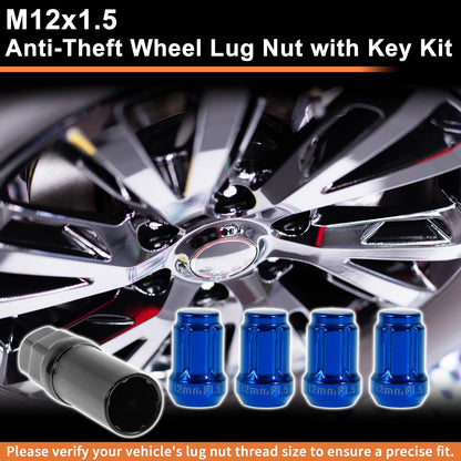 M12x1.5 Tire Wheel Locking Nut with 1 Socket Key for Blue Honda Toyota