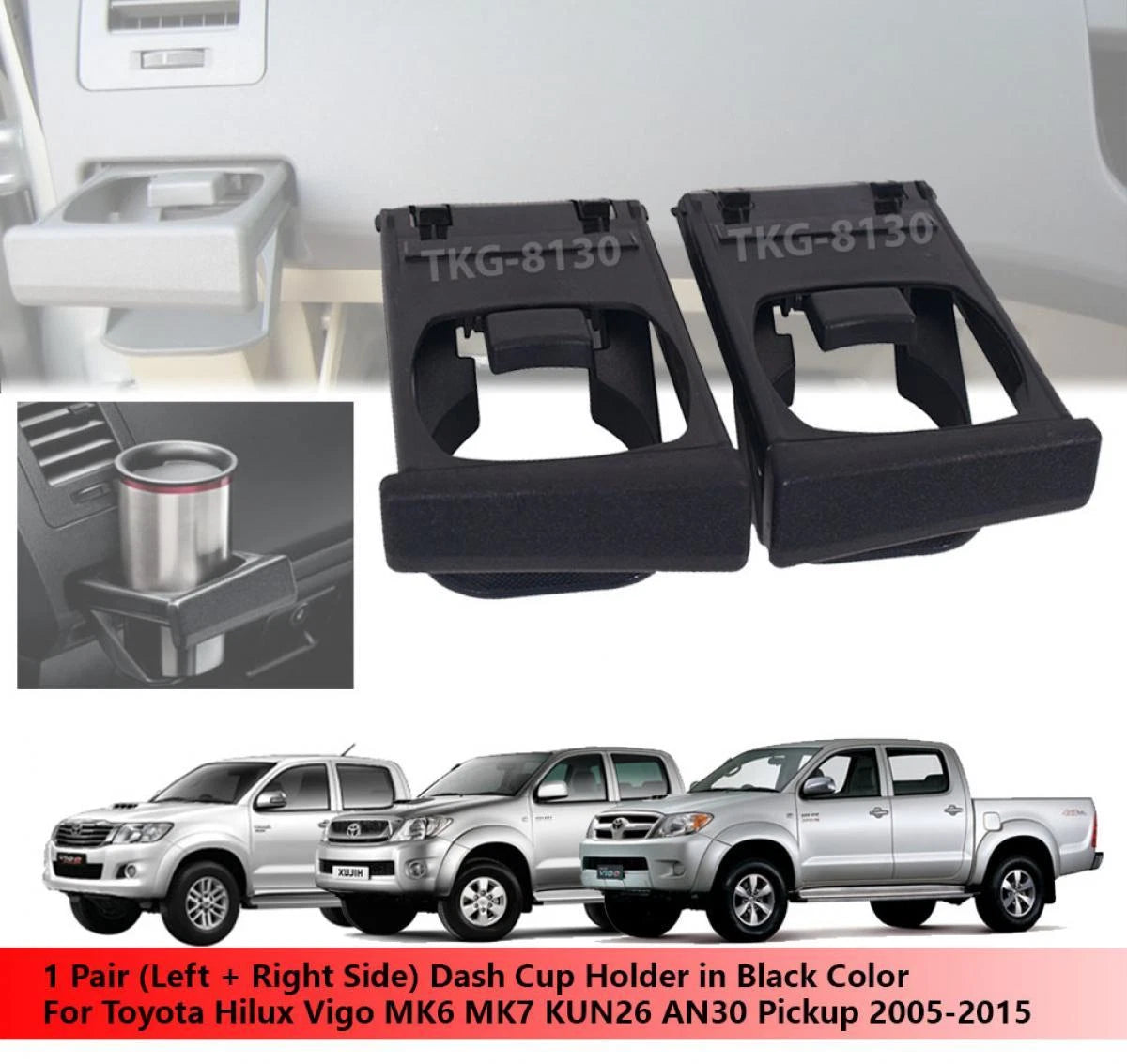 2 x Black Dash Cup Holders for Toyota Hilux Vigo MK6 MK7 (2005-2015)