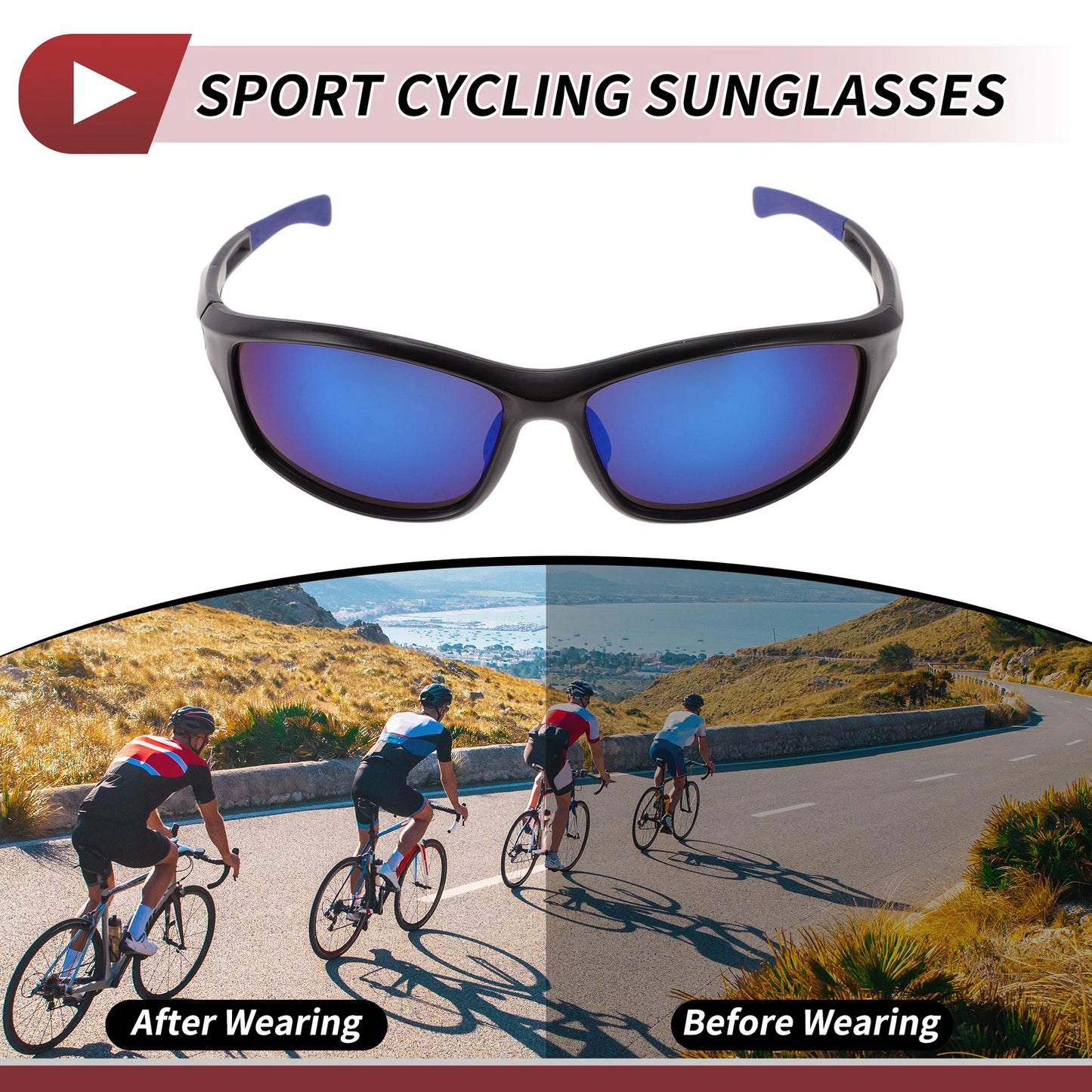 Motorcycle Riding Goggles Blue Lens Black Frame PC Cycling Sunglasses