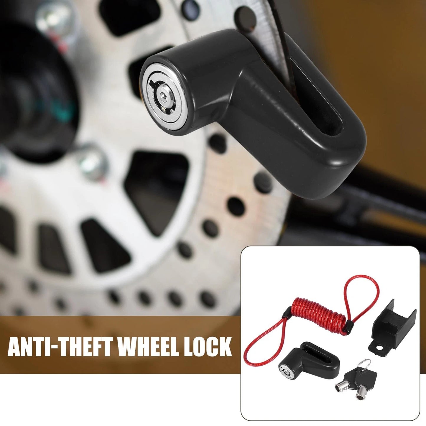 Disc Brake Lock with Red Rope for Universal Motorcycle – Black