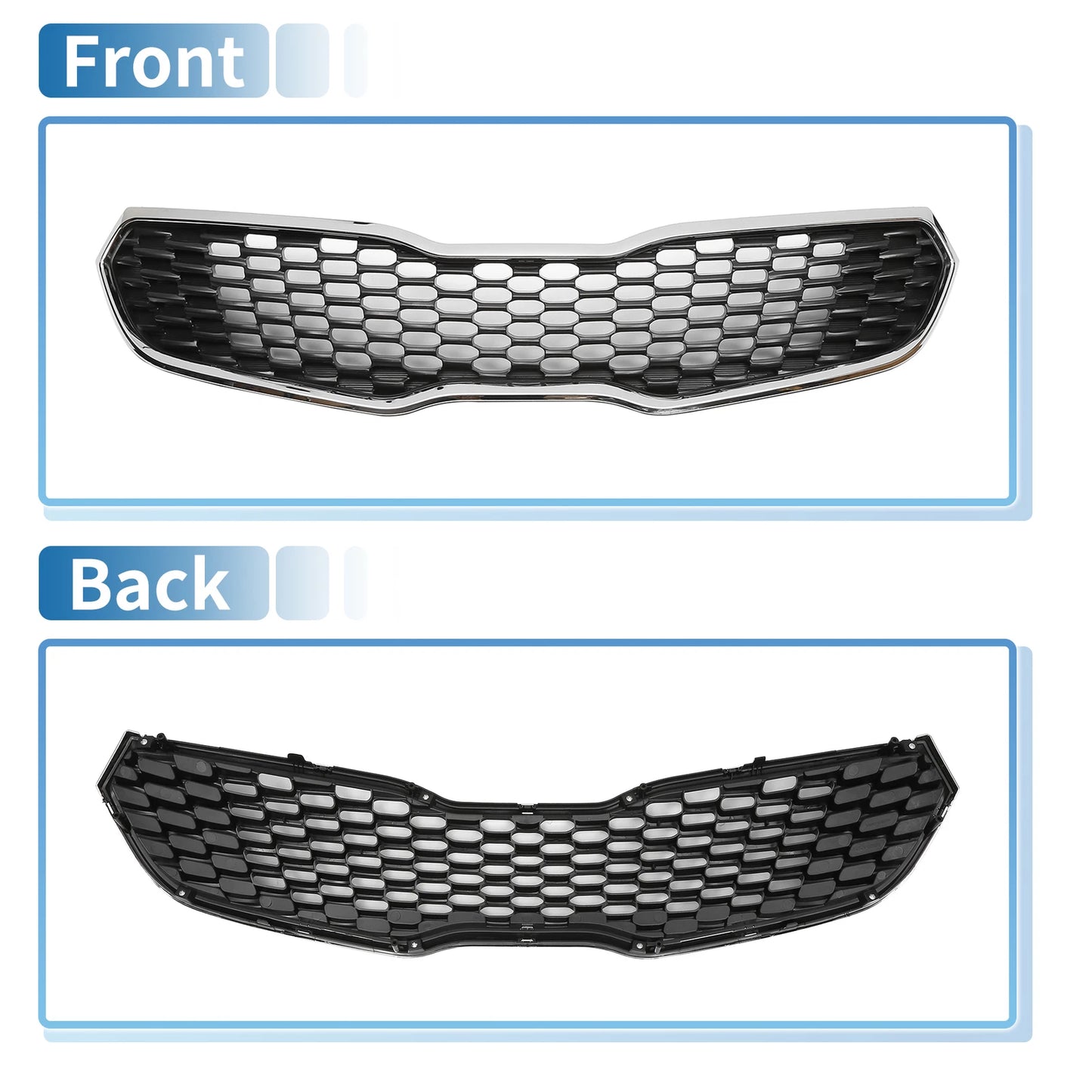 Upper Bumper Grille for Kia Forte (2014-2016) Black Chrome Silver Tone