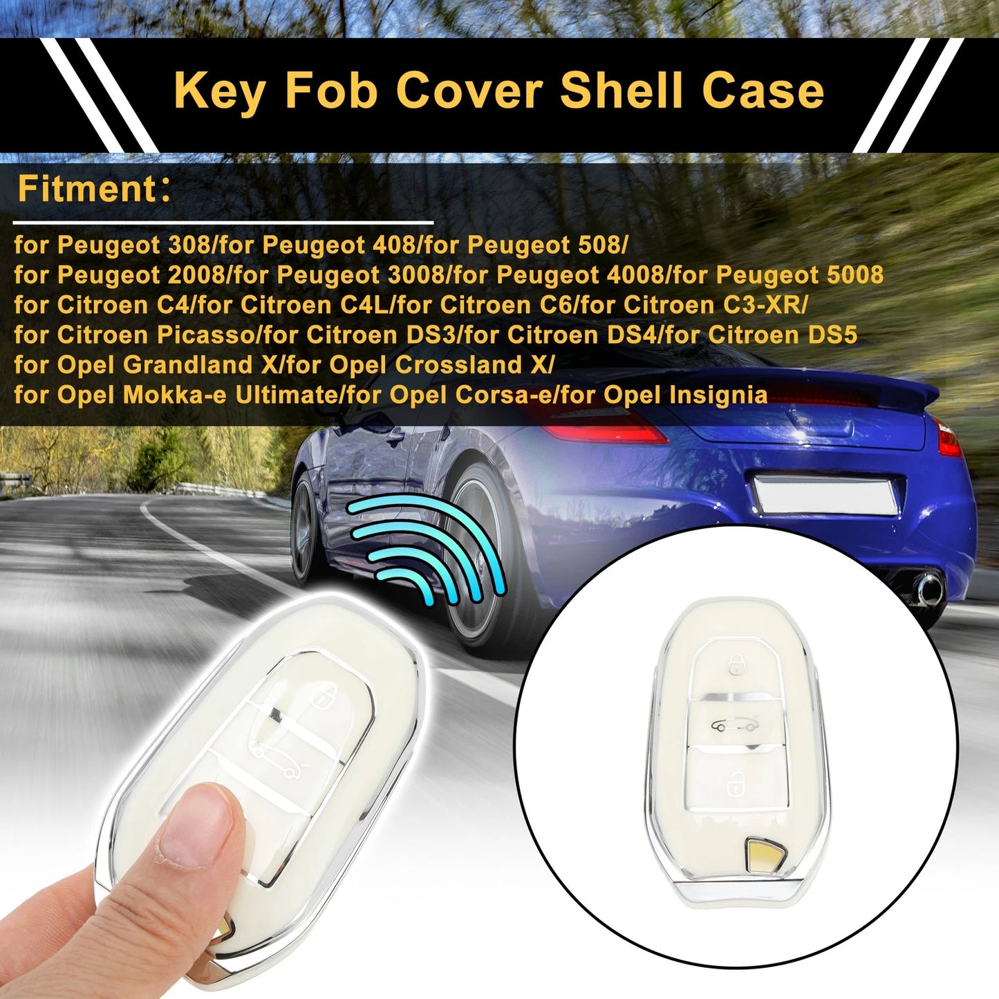 White Silver TPU Key Fob Shell Cover for Peugeot 308 (2007-2014)