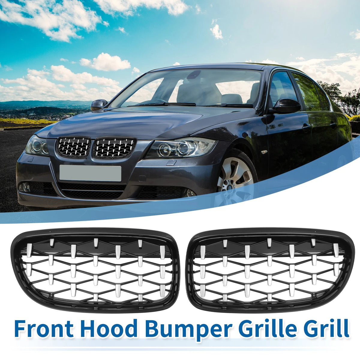 Front Hood Bumper Grille for BMW 335d 328i 335i xDrive Silver Tone Pair