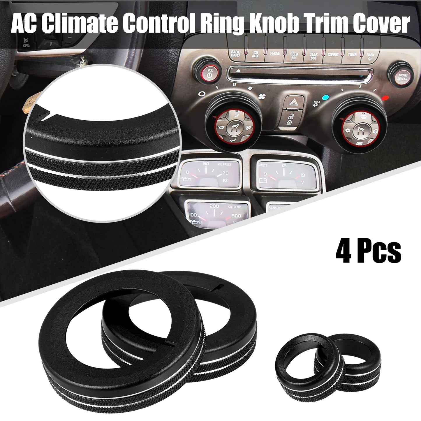 4 x Black Aluminum Center Control Ring Knob Covers for Chevrolet Camaro