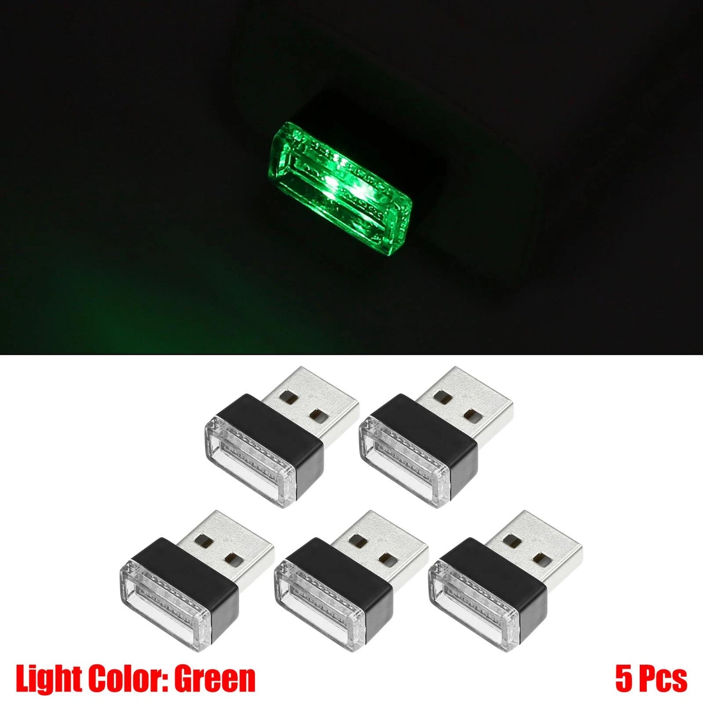 5 x Green Mini USB LED Lights for Universal Car Interior Decoration