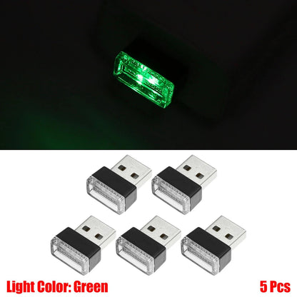 5 x Green Mini USB LED Lights for Universal Car Interior Decoration