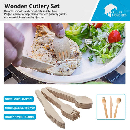 300 x Wooden Cutlery Set - Disposable Bamboo Forks, Spoons, Knives - Eco Friendly