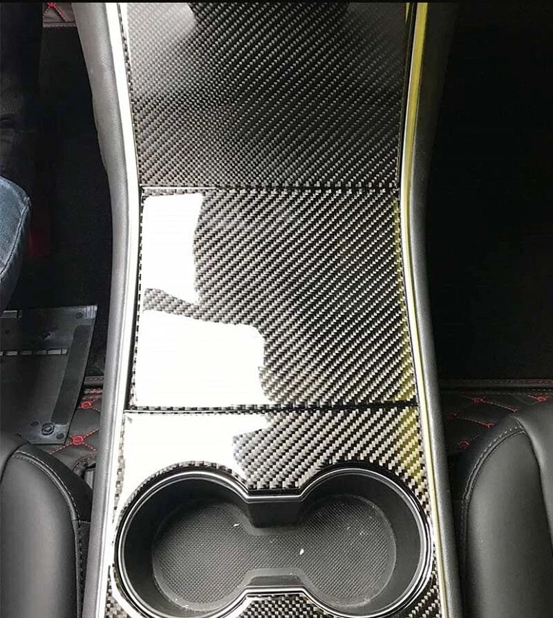 Real Carbon Center Console Cup Holder Overlay Pad Trim fit For Tesla Model 3