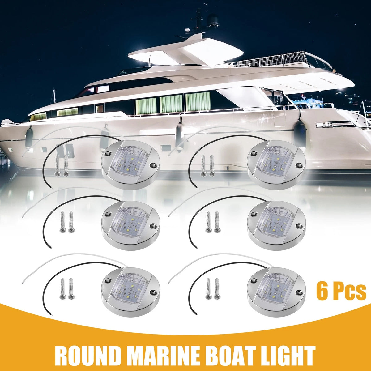 6 x Universal Interior Round Marine Boat Light with 6 LEDs for Boat White