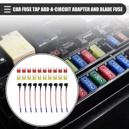 Circuit 12V Mini Fuse Tap w/ 10pcs 10A 20A ATM APM Blade Type Fuse Set for Car