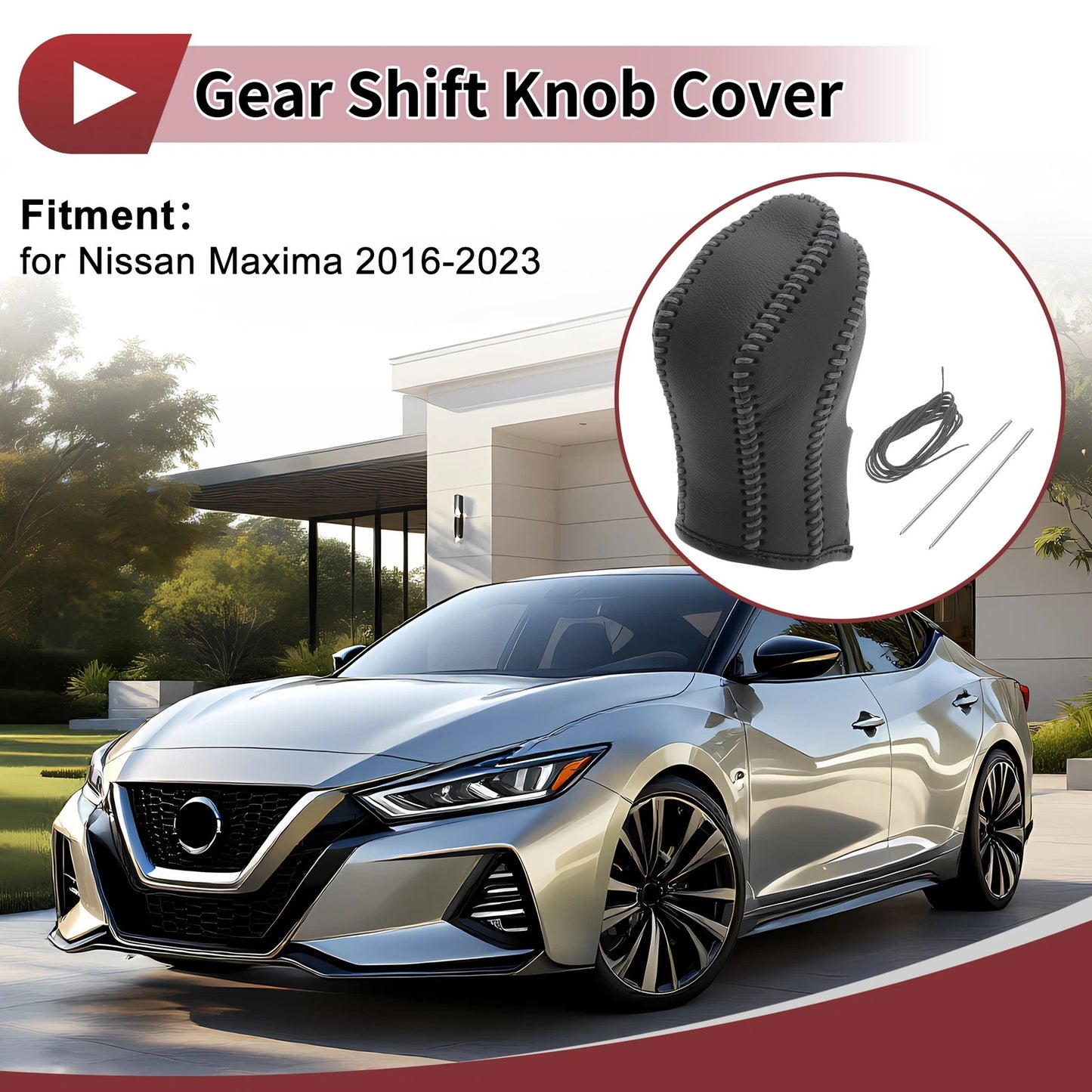 Car Gear Shift Knob Cover for Nissan Maxima (2016-2023) Black Gray Faux Leather