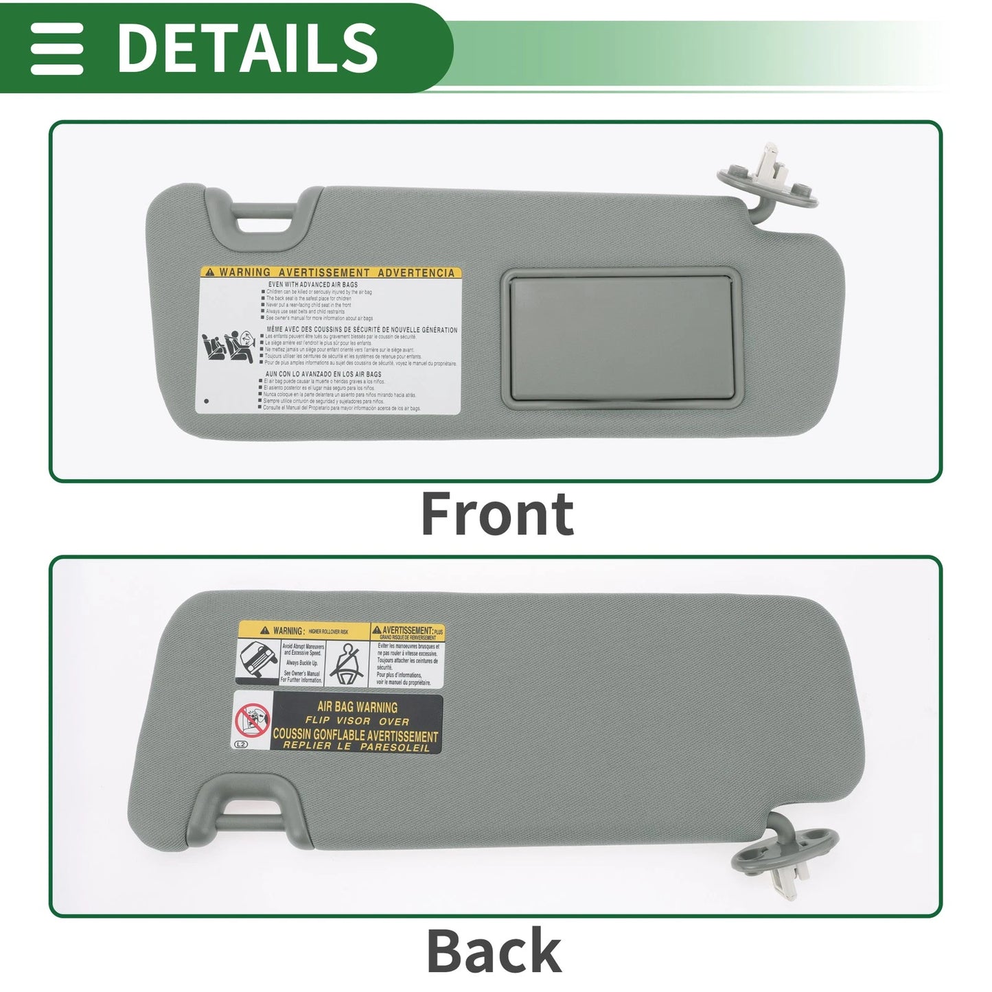 Right Car Sun Visor for Toyota Highlander 2014-2016, 2019 (No.74310-0E074-A0)