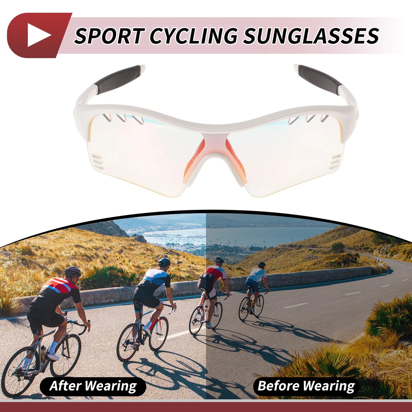 Goggles for Motorcycle Riding Light Red Lens White Frame PC TPU Sunglasses