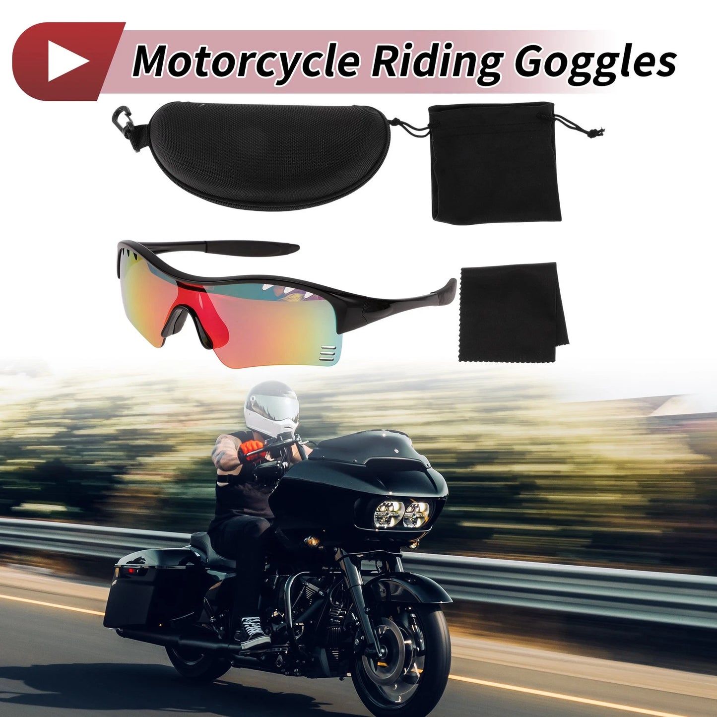 Set Motorcycle Riding Goggles Red Lens Black Frame PC TPU Cycling Sunglasses