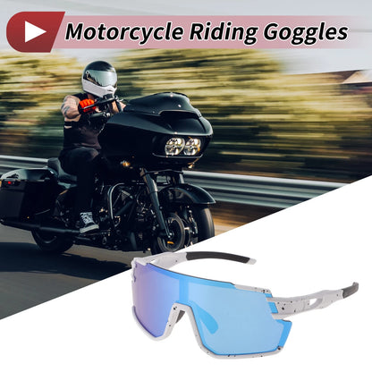 Pair Motorcycle Riding Goggles Blue Lenses White Black Frame Cycling Sunglasses