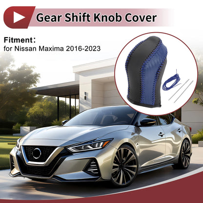 Gear Shift Knob Cover for Nissan Maxima 2016-2023 Black Blue Faux Leather